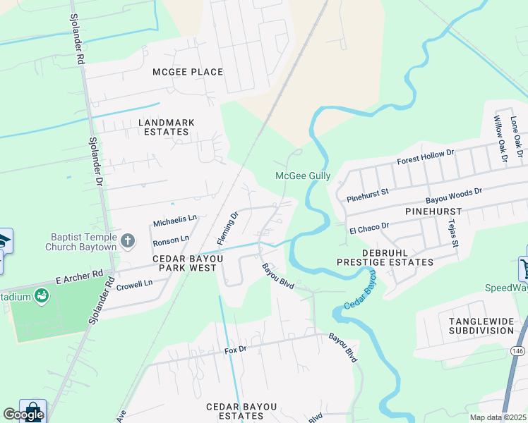 map of restaurants, bars, coffee shops, grocery stores, and more near 3606 Fleming Drive in Baytown
