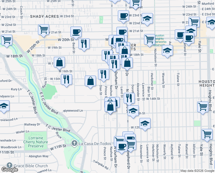 map of restaurants, bars, coffee shops, grocery stores, and more near 1442 Prince Street in Houston