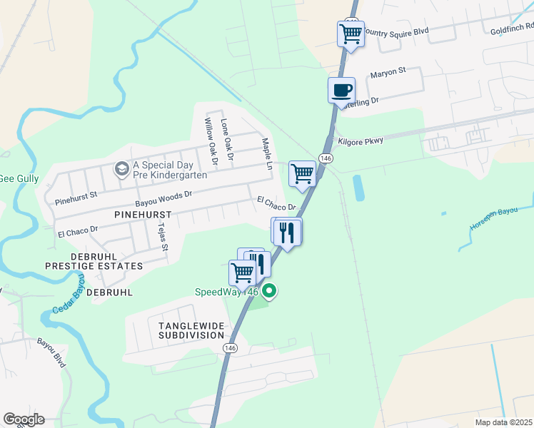 map of restaurants, bars, coffee shops, grocery stores, and more near 7103 Sonora Street in Baytown