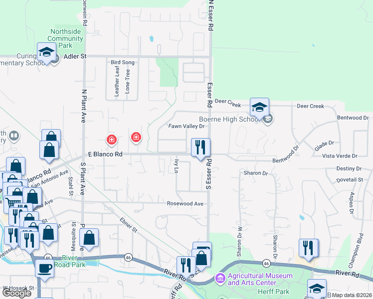 map of restaurants, bars, coffee shops, grocery stores, and more near 136 Dawn Drive in Boerne