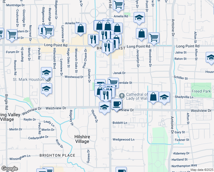 map of restaurants, bars, coffee shops, grocery stores, and more near 1511 Wirt Road in Houston