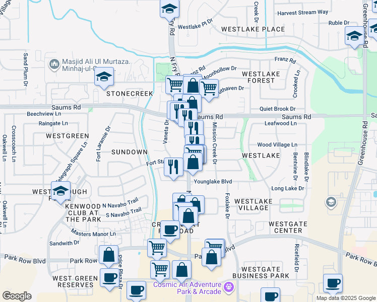 map of restaurants, bars, coffee shops, grocery stores, and more near 2143 North Fry Road in Katy
