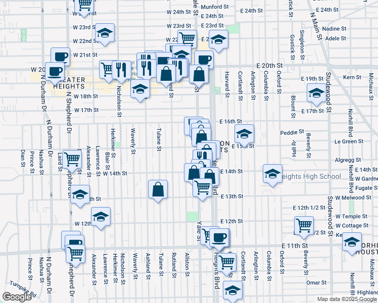 map of restaurants, bars, coffee shops, grocery stores, and more near 1434 Allston Street in Houston