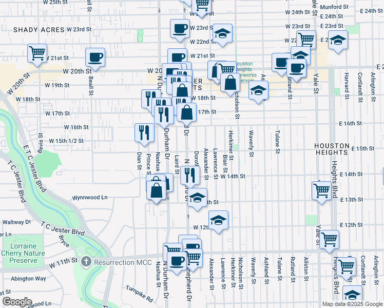 map of restaurants, bars, coffee shops, grocery stores, and more near 1438 Dorothy Street in Houston