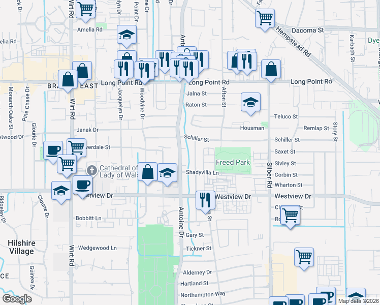 map of restaurants, bars, coffee shops, grocery stores, and more near 1521 Caywood Lane in Houston