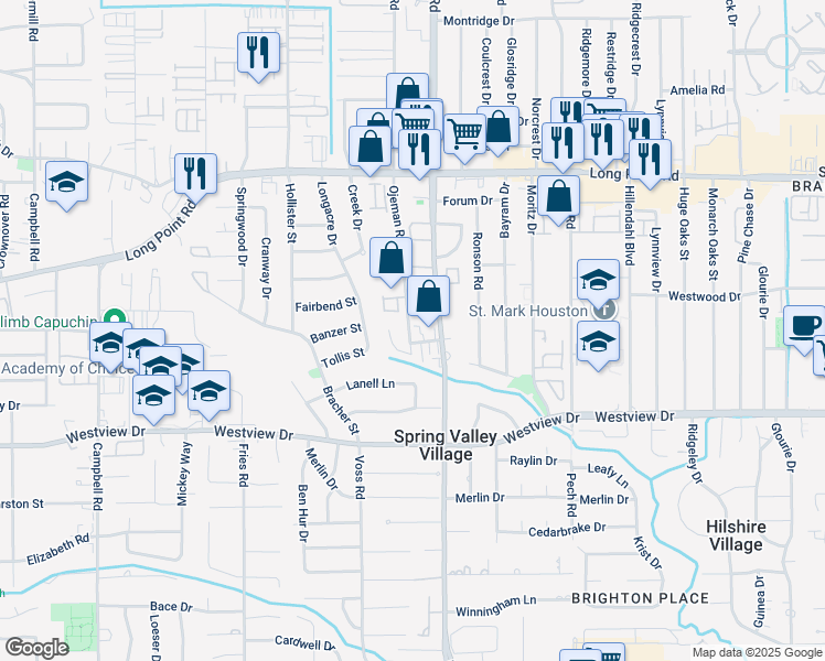 map of restaurants, bars, coffee shops, grocery stores, and more near 1518 Ojeman Road in Houston
