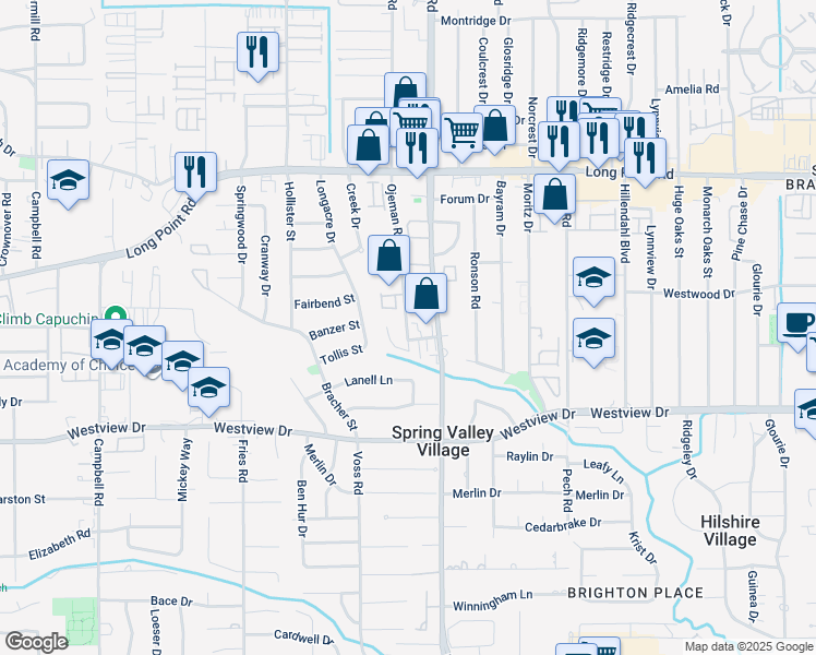 map of restaurants, bars, coffee shops, grocery stores, and more near 1518 Ojeman Road in Houston