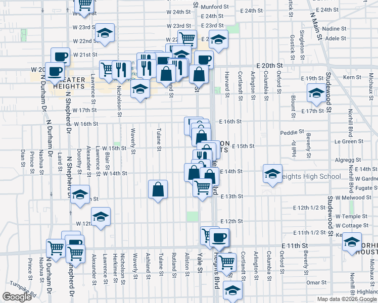 map of restaurants, bars, coffee shops, grocery stores, and more near 218 West 15th Street in Houston