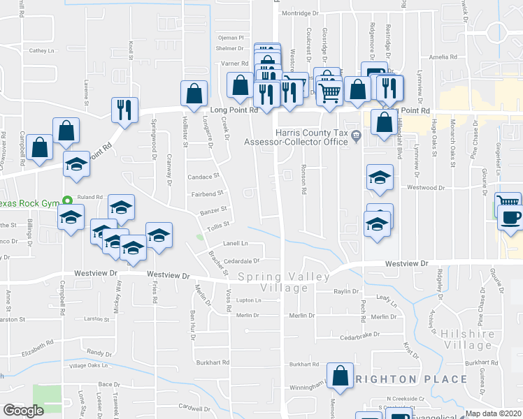 map of restaurants, bars, coffee shops, grocery stores, and more near 1518 Ojeman Road in Houston