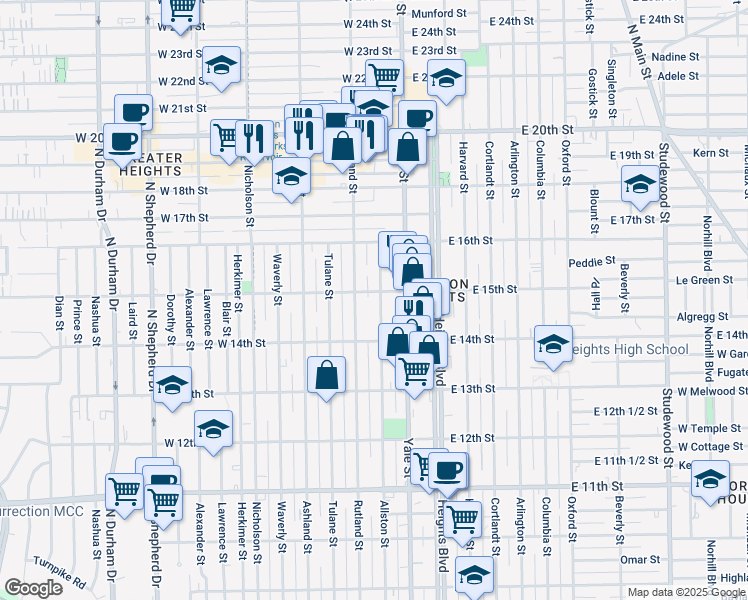 map of restaurants, bars, coffee shops, grocery stores, and more near 1443 Allston Street in Houston