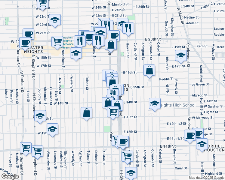 map of restaurants, bars, coffee shops, grocery stores, and more near in Houston