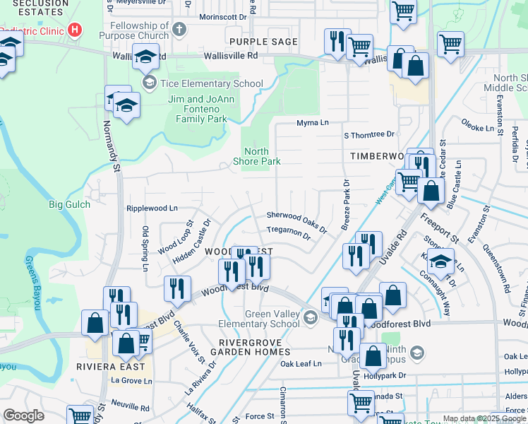 map of restaurants, bars, coffee shops, grocery stores, and more near 13111 Sherwood Oaks Drive in Houston