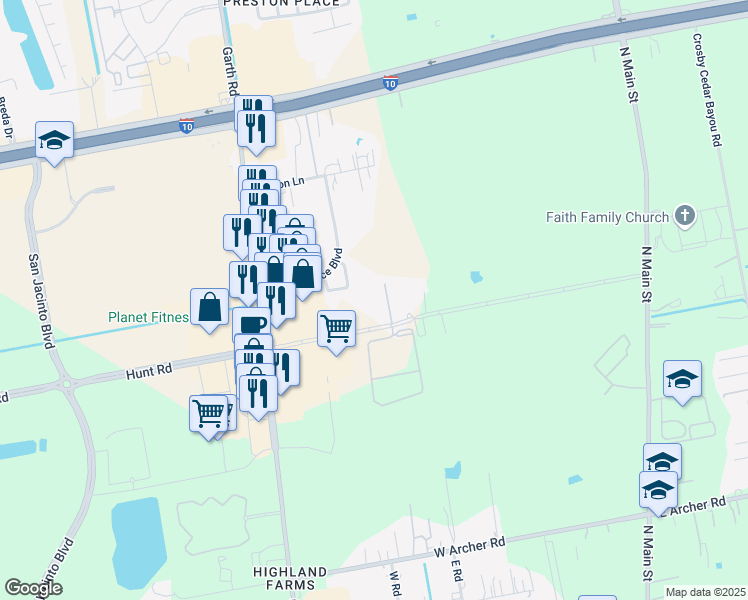 map of restaurants, bars, coffee shops, grocery stores, and more near 800 Hunt Road in Baytown