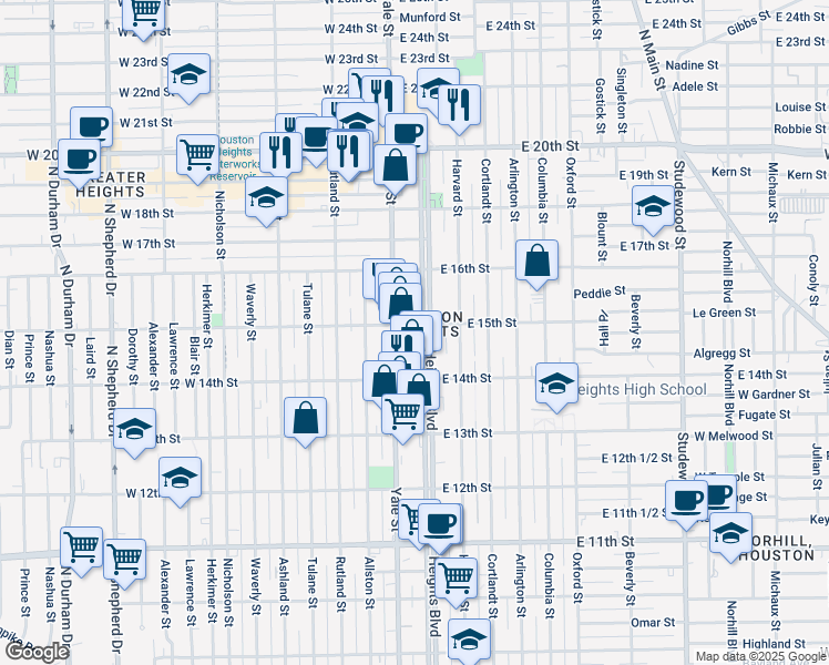 map of restaurants, bars, coffee shops, grocery stores, and more near in Houston
