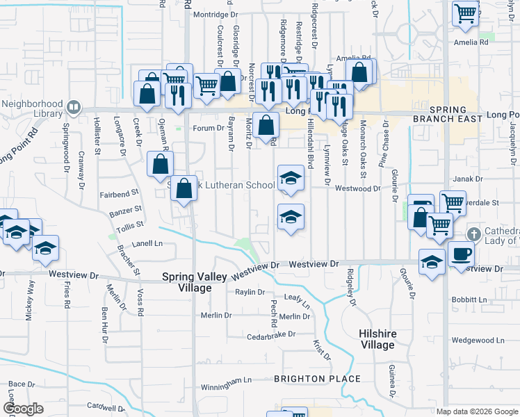 map of restaurants, bars, coffee shops, grocery stores, and more near 1543 Moritz Park Drive in Houston