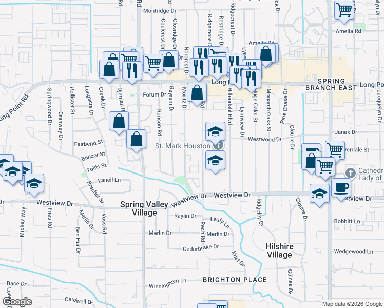 map of restaurants, bars, coffee shops, grocery stores, and more near 1543 Moritz Park Drive in Houston