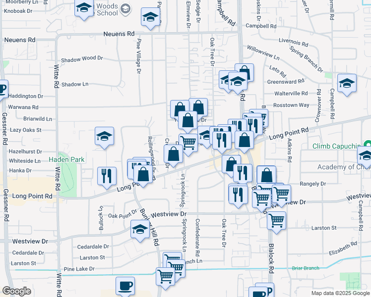 map of restaurants, bars, coffee shops, grocery stores, and more near 9605 Dalecrest Drive in Houston