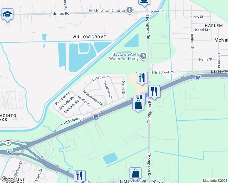 map of restaurants, bars, coffee shops, grocery stores, and more near 6922 Hazelnut Lane in Baytown
