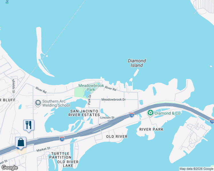 map of restaurants, bars, coffee shops, grocery stores, and more near 17504 River Road in Channelview