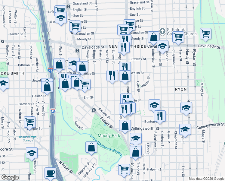 map of restaurants, bars, coffee shops, grocery stores, and more near 4102 Edison Street in Houston