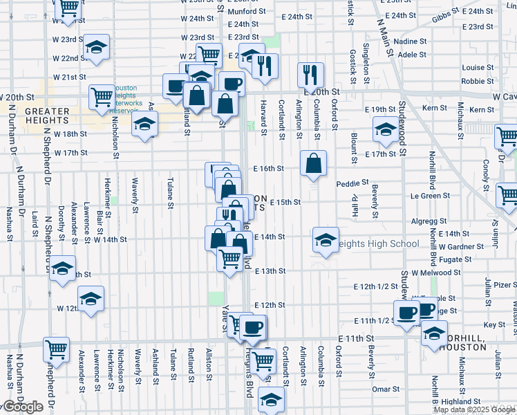map of restaurants, bars, coffee shops, grocery stores, and more near 1445 Harvard Street in Houston