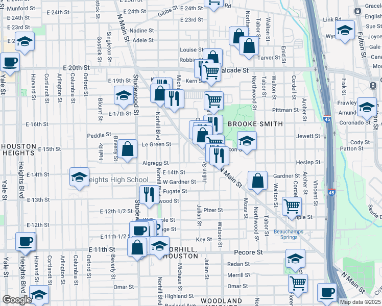 map of restaurants, bars, coffee shops, grocery stores, and more near 4725 North Main Street in Houston