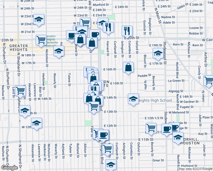 map of restaurants, bars, coffee shops, grocery stores, and more near 1445 Harvard Street in Houston