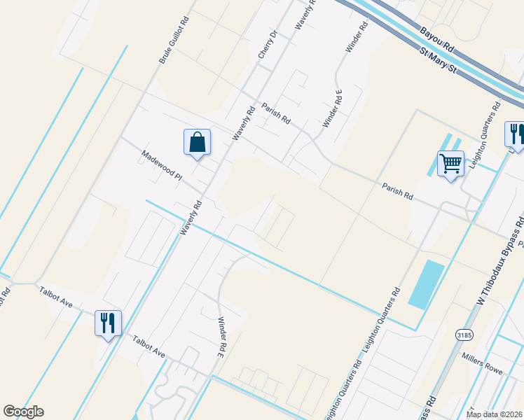 map of restaurants, bars, coffee shops, grocery stores, and more near Winder Road in Thibodaux