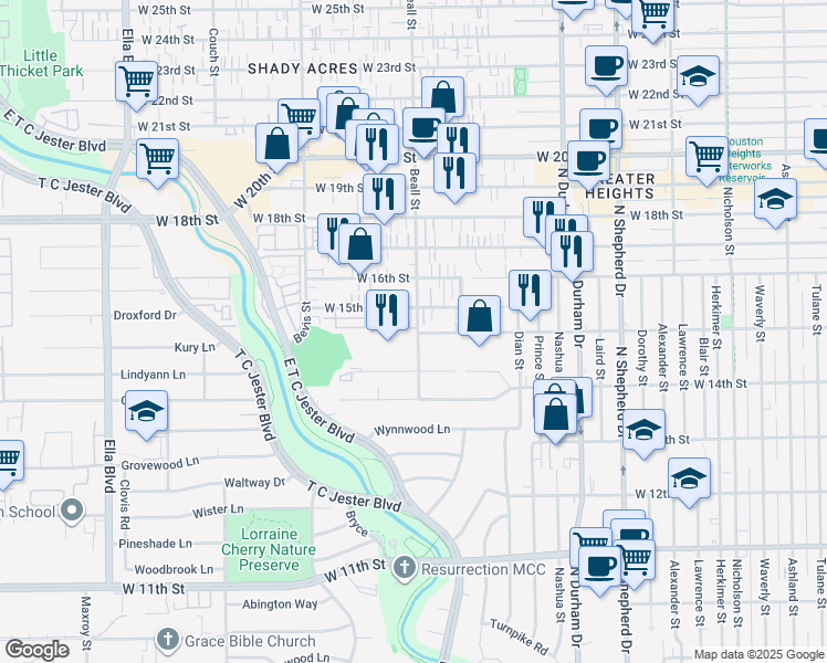 map of restaurants, bars, coffee shops, grocery stores, and more near 1105 Beasley Hills Lane in Houston