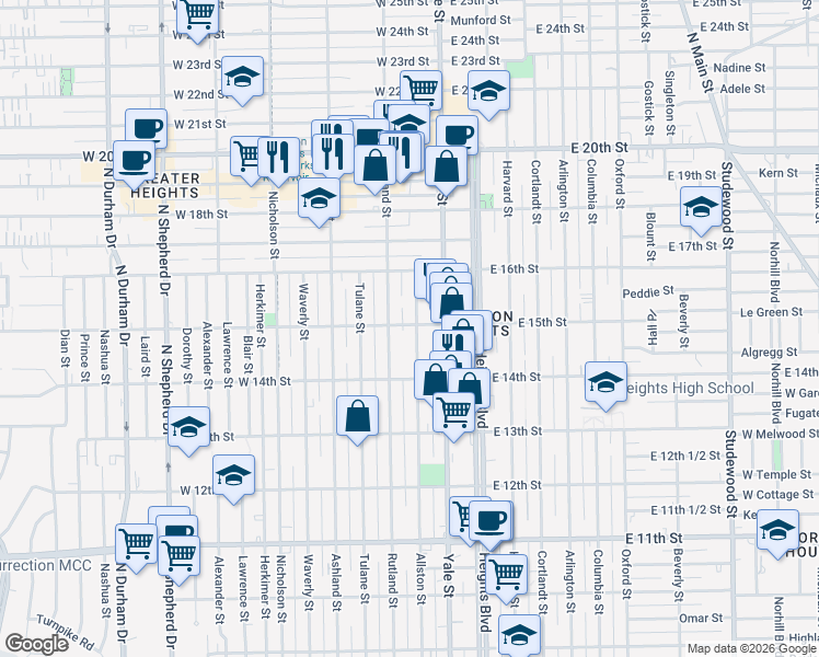 map of restaurants, bars, coffee shops, grocery stores, and more near 1447 Allston Street in Houston