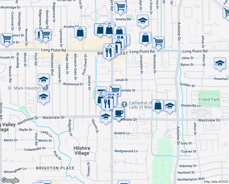 map of restaurants, bars, coffee shops, grocery stores, and more near 1503 Baggett Lane in Houston