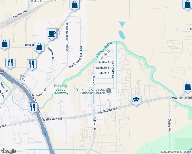 map of restaurants, bars, coffee shops, grocery stores, and more near 9602 Santa Cruz Street in Houston