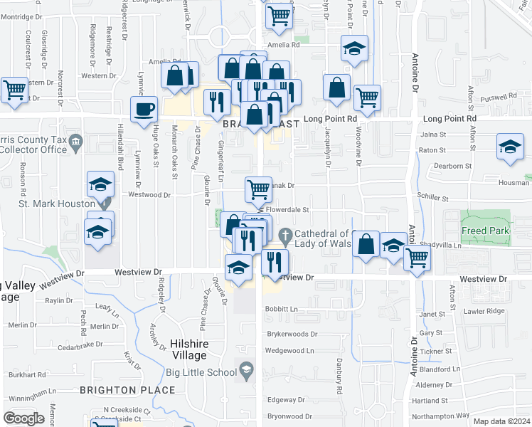 map of restaurants, bars, coffee shops, grocery stores, and more near 1503 Baggett Lane in Houston