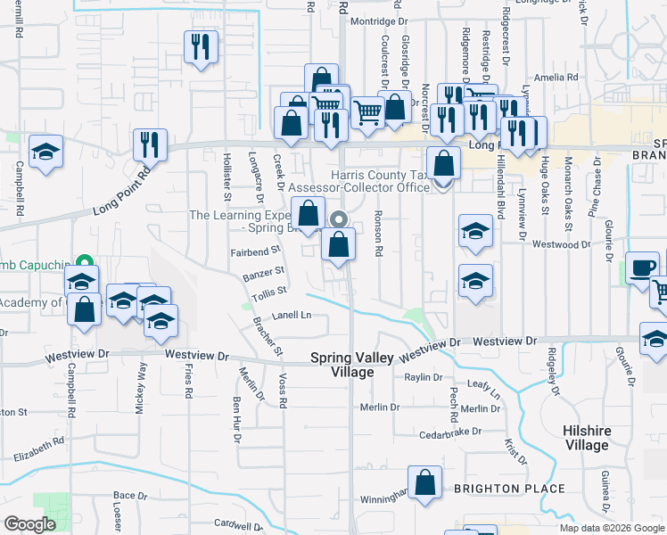 map of restaurants, bars, coffee shops, grocery stores, and more near 1518 Ojeman Road in Houston