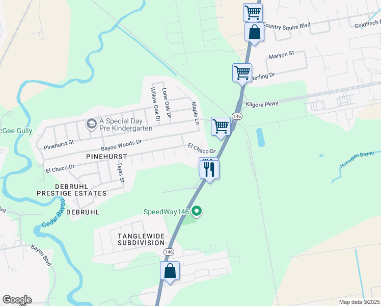 map of restaurants, bars, coffee shops, grocery stores, and more near 7103 Sonora Street in Baytown