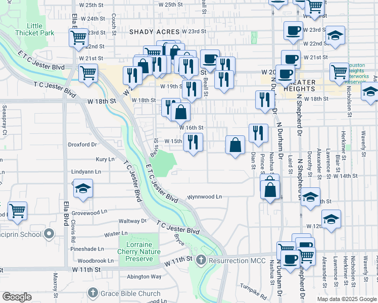 map of restaurants, bars, coffee shops, grocery stores, and more near 1161 Beasley Hills Lane in Houston