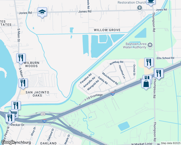map of restaurants, bars, coffee shops, grocery stores, and more near 1019 Paradise Road in Baytown