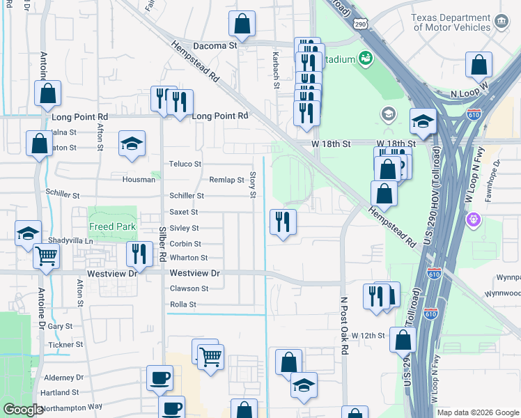 map of restaurants, bars, coffee shops, grocery stores, and more near 6330 Saxet Street in Houston