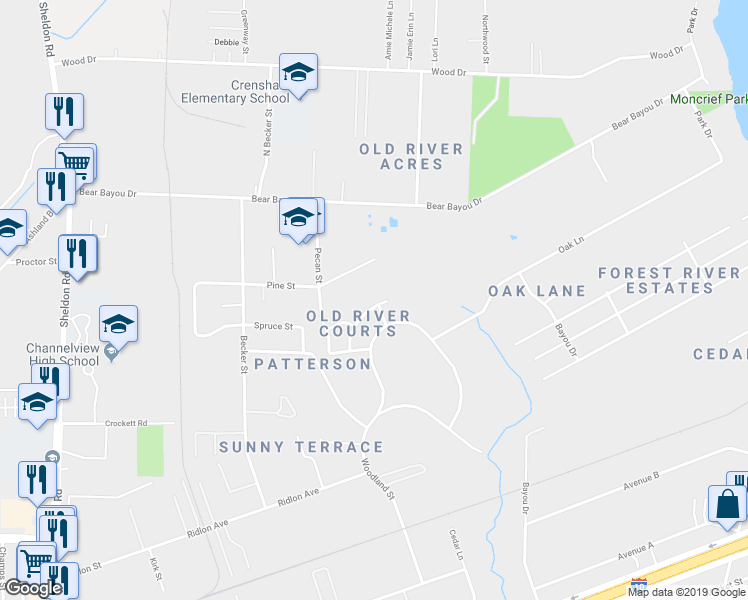 map of restaurants, bars, coffee shops, grocery stores, and more near 1051 Meads Street in Channelview