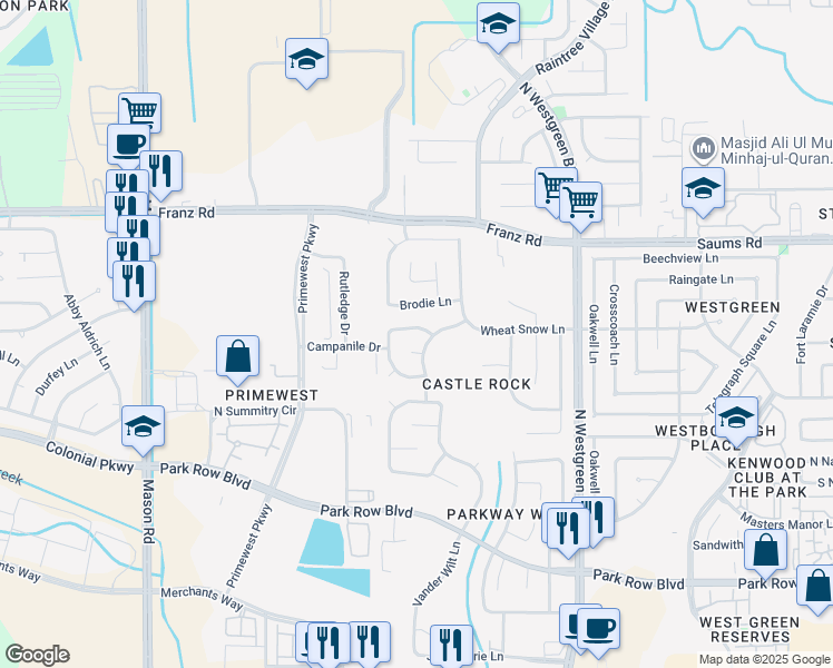 map of restaurants, bars, coffee shops, grocery stores, and more near 20914 Thorn Berry Creek Court in Katy