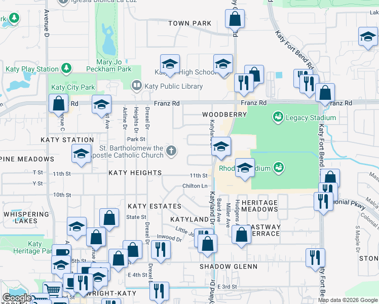 map of restaurants, bars, coffee shops, grocery stores, and more near 5331 Nottingham Drive in Katy