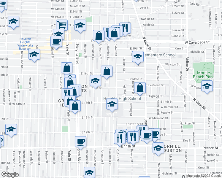 map of restaurants, bars, coffee shops, grocery stores, and more near 1448 Columbia Street in Houston