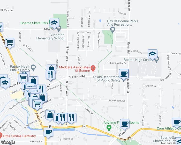map of restaurants, bars, coffee shops, grocery stores, and more near 111 Park Place in Boerne