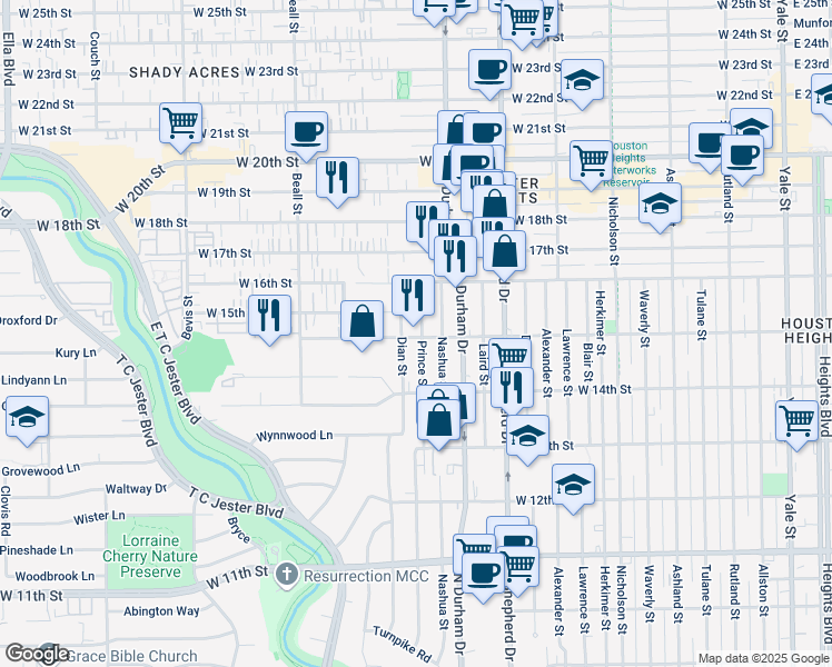 map of restaurants, bars, coffee shops, grocery stores, and more near 1437 Prince Street in Houston