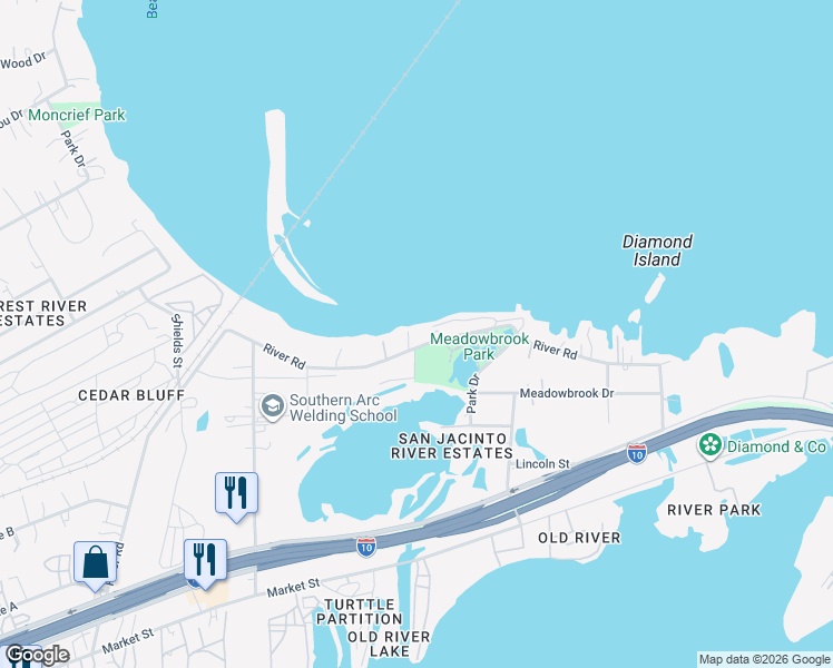 map of restaurants, bars, coffee shops, grocery stores, and more near 17321 River Road in Channelview