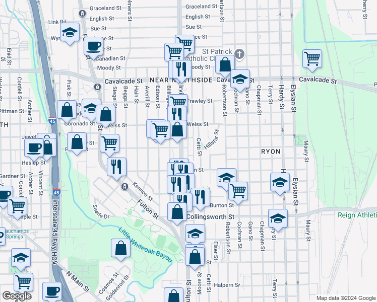 map of restaurants, bars, coffee shops, grocery stores, and more near 4027A Irvington Boulevard in Houston