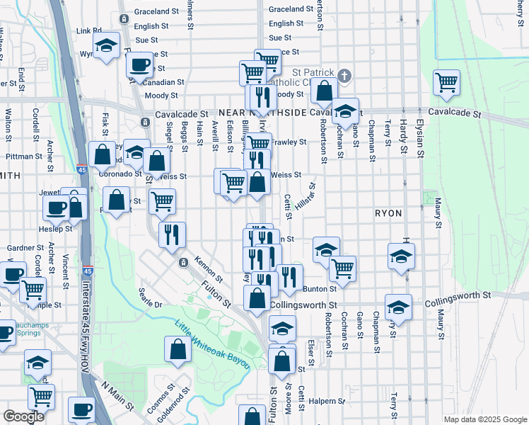 map of restaurants, bars, coffee shops, grocery stores, and more near 4027A Irvington Boulevard in Houston