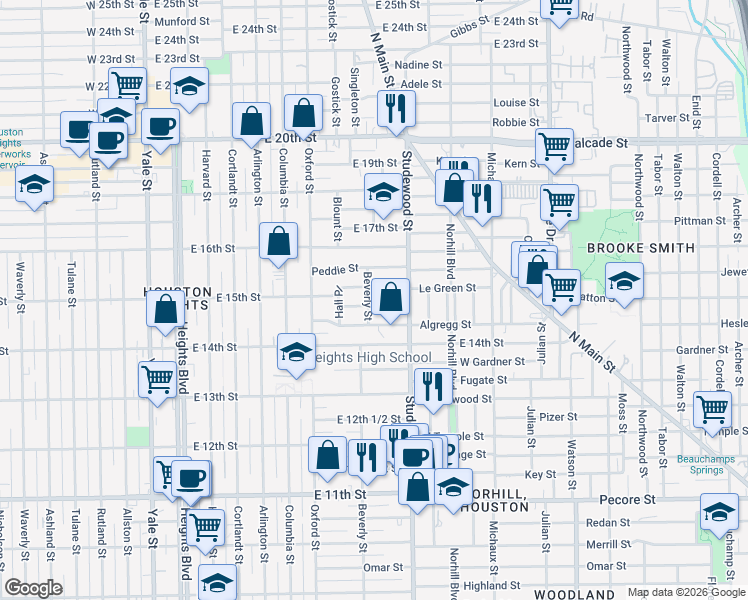 map of restaurants, bars, coffee shops, grocery stores, and more near 802 Ralfallen Street in Houston