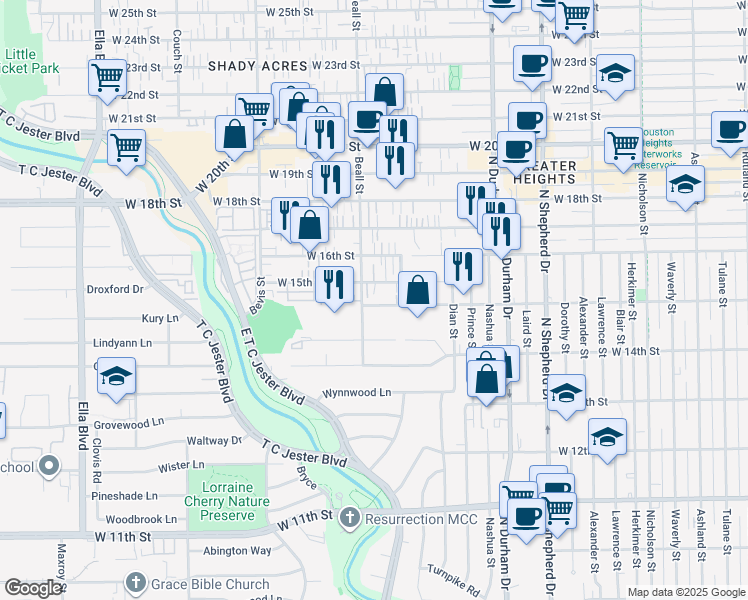 map of restaurants, bars, coffee shops, grocery stores, and more near 1105 Beasley Hills Lane in Houston