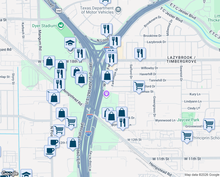 map of restaurants, bars, coffee shops, grocery stores, and more near 2714 Minimax Drive in Houston
